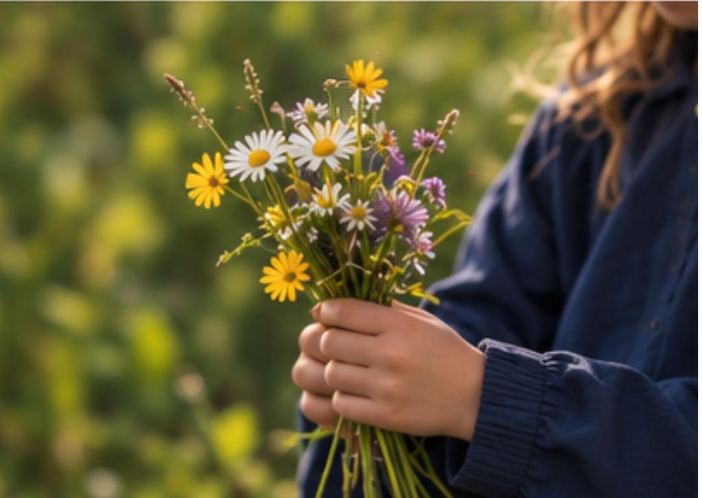 Une enfant tient un bouquet de fleurs des champs