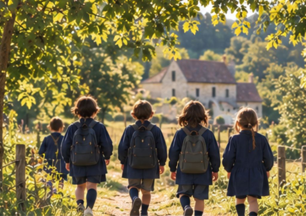Des élèves en uniforme marchent sur un chemin de campagne vers une maison de pierre