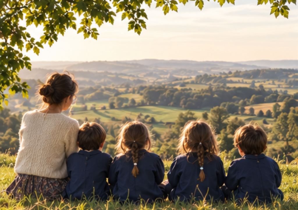Une adulte et quatre enfants assis dans l’herbe, face aux collines du Haut Beaujolais