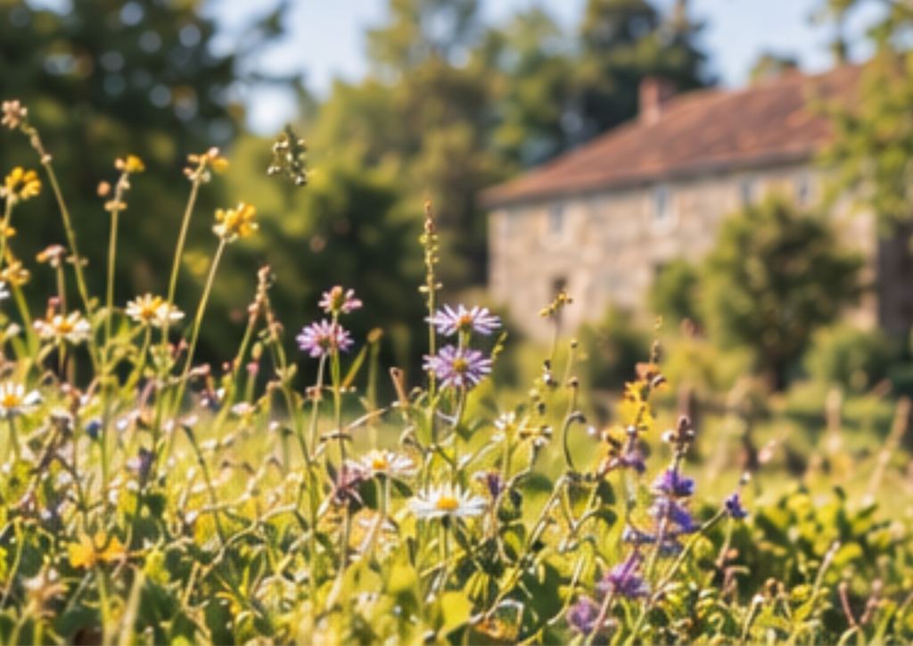 Fleurs des champs au premier plan, maison de pierre en arrière-plan
