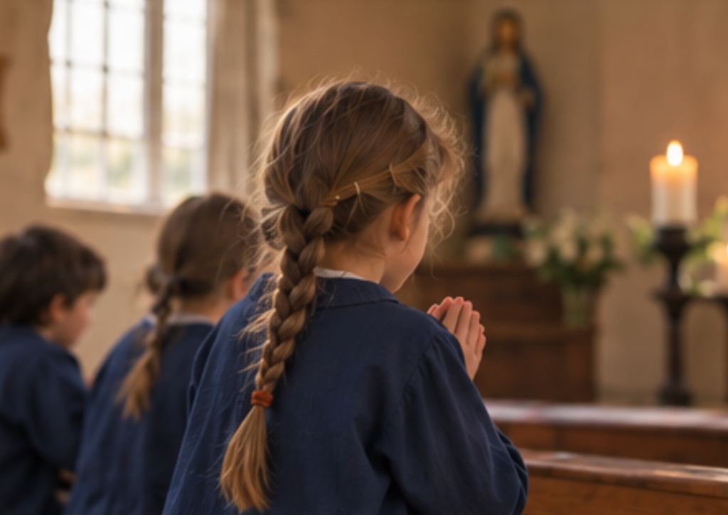 Une élève en prière dans une chapelle, devant une statue de la Vierge